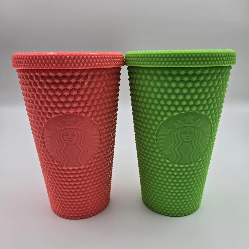 Starbucks 2021 Set Of 2 Green Pink Neon Studded Grande Tumbler Cold Cups 16oz